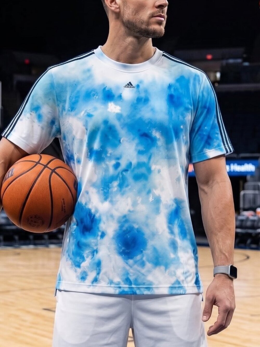 Adidas Sports Shirt XL 2XL Upcycled Blue White Watercolor Splatter Tie Dye Art